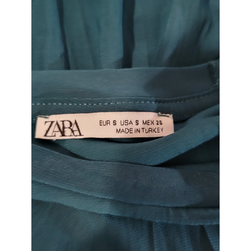 Zara Tiered Peasant Dress Womens Small Teal Green Stretch Knee Length - Picture 3 of 4